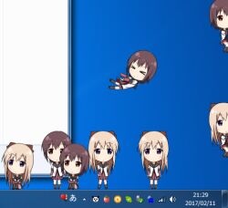  >_< 2girls black_sailor_collar black_socks blonde_hair blue_background blue_eyes bow brown_eyes brown_hair chibi chibi_only commentary_request desktop_(computing) dress expressionless flying frutiger_aero funami_yui hair_bow hair_ornament hugging_own_legs knees_up layered_sleeves long_hair long_sleeves looking_up lowres microsoft_windows multiple_girls nanamori_school_uniform nishisuke pleated_dress red_dress sailor_collar sailor_shirt school_uniform shimeji_(desktop_mascot) shirt short_hair short_over_long_sleeves short_sleeves sitting skype socks standing taskbar timestamp toshinou_kyouko white_shirt window_(computing) windows_7 yuruyuri 