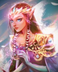  1girl braid brown_hair crown_braid dress earrings hair_ornament jewelry long_hair looking_at_viewer pointy_ears princess_zelda roytheart smile solo the_legend_of_zelda the_legend_of_zelda:_twilight_princess upper_body 