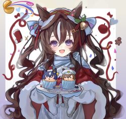  1girl animal_ears apple blue_eyes blue_scarf blush bow breasts brown_hair cape character-themed_food christmas christmas_stocking commentary_request cupcake dress food frilled_headband fruit fur_trim gingerbread_man gloves hair_between_eyes hair_bow headband heart highres holding holding_plate holly horse_ears horse_girl kk_(pixiv_83235599) long_hair looking_at_viewer mole mole_under_eye multicolored_hair open_mouth plate red_cape red_headband red_ribbon ribbon santa_costume scarf smile solo streaked_hair umamusume very_long_hair vivlos_(umamusume) white_dress 