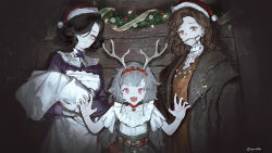  3girls :d antlers apron black_coat black_corset black_hair black_ribbon blanket braces brown_eyes brown_hair christmas_ornaments claw_pose closed_mouth coat commentary corset dark dress english_commentary fake_antlers fangs grey_hair hair_over_one_eye hairband hands_up hat highres holding holding_blanket horns jewelry long_hair low_twintails maid multiple_girls neck_flower neck_ribbon necklace one_eye_covered open_mouth pink_eyes purple_dress red_dress red_eyes red_hairband red_hat reindeer_antlers reverse:1999 ribbon rubuska santa_hat shirt short_hair short_sleeves smile swaddled tooth_fairy_(reverse:1999) tooth_necklace tuesday_(reverse:1999) twintails twitter_username upper_body white_apron white_shirt wooden_wall zeradok 