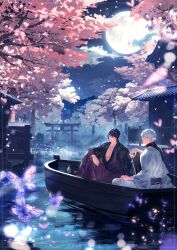  2boys alcohol architecture black_haori boat bridge bug butterfly cherry_blossoms choko_(cup) commentary_request cup east_asian_architecture full_moon g_rribbit gintama hadanugi_dousa haori highres holding holding_cup japanese_clothes kimono knee_up looking_at_another male_focus moon multiple_boys night night_sky open_clothes open_kimono outdoors pectorals petals purple_butterfly purple_hair purple_kimono sakata_gintoki sakazuki sake short_hair sitting sky smile takasugi_shinsuke tokkuri torii tree water watercraft white_hair white_kimono 