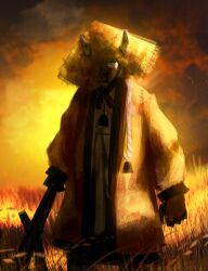  1boy bell black_gloves brown_coat clenched_hand coat commentary cowbell dongrang_(project_moon) e.g.o_(project_moon) english_commentary farm farmwatch_(e.g.o) gloves green_eyes half-closed_eyes hanbok hat highres holding holding_scythe holding_weapon horns itsukaonline korean_clothes limbus_company long_coat long_sleeves looking_down male_focus mask mouth_mask project_moon scythe sky solo standing straw_hat sunset torn_clothes torn_hat twitter_username weapon wheat_field white_hanbok 