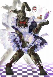  1boy anger_vein animal_ears animatronic apron back_bow black_dress bow bowtie cake checkered_floor colored_sclera commentary crossdressing crossdressing_(mtf) dated dress enmaided eva0951120 five_nights_at_freddy's five_nights_at_freddy's_3 food frilled_apron frilled_dress frills full_body grey_sclera hand_up hashtag-only_commentary highres holding holding_plate looking_at_viewer maid maid_apron male_focus mechabare milkshake plate rabbit_ears red_bow red_bowtie red_pupils skirt skirt_tug solo spoken_anger_vein springtrap standing strawberry_cake teeth white_apron white_background white_bow white_eyes zoom_layer 