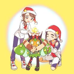  1boy 1girl black_hair bow braid brown_eyes brown_hair candy candy_cane christmas closed_eyes food furret grin hashtag-only_commentary hat highres holding jacket juliana_(pokemon) kieran_(pokemon) long_sleeves minior minior_(core) minior_(yellow_core) nekoniko777 ogerpon on_one_knee open_clothes open_jacket pants pokemon pokemon_(creature) pokemon_sv purple_hair red_bow red_tank_top santa_hat shoes shorts simple_background smile star-shaped_pupils star_(symbol) symbol-shaped_pupils tank_top white_jacket white_shoes 