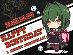 1girl artist_name assault_lily black_background black_shoes black_skirt blush box braid brown_pantyhose chibi closed_mouth commentary dated detached_sleeves floral_background flower frilled_skirt frills full_body gift gift_box green_hair hair_flower hair_intakes hair_ornament happy_birthday heel_up highres holding holding_gift hotaru_(ultraroly_poly) long_sleeves looking_at_viewer low_twin_braids low_twintails merry_christmas miniskirt mole mole_under_eye neck_ribbon pantyhose pink_ribbon pleated_skirt red_flower ribbon school_uniform shirt shoes skirt smile snowflakes solo standing twin_braids twintails two-tone_background underbust ushida_watsuki waist_cape white_background white_shirt yellow_eyes yurigaoka_girls_academy_school_uniform 
