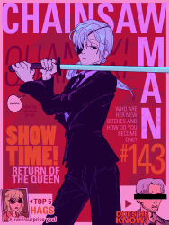  1boy 2girls bar_censor beard_stubble black_hair black_jacket black_necktie black_pants black_suit censored censored_identity chainsaw_man character_request commentary cover earrings english_text expressionless eyepatch facial_hair fake_magazine_cover grey_hair highres holding holding_sword holding_weapon jacket jewelry kishibe_(chainsaw_man) long_hair magazine_cover multiple_girls necktie pants ponytail quanxi_(chainsaw_man) spect_ion stubble suit sunglasses sword weapon 