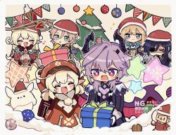  :d albedo_(genshin_impact) alice_(genshin_impact) blonde_hair blue_eyes christmas_ornaments christmas_tree closed_eyes commentary_request dodoco_(genshin_impact) dragon_boy dragon_horns dragon_wings durin_(genshin_impact) genshin_impact hat highres horns jean_(genshin_impact) kaeya_(genshin_impact) klee_(genshin_impact) mkgnmk3 purple_hair santa_hat smile snowflakes star_(symbol) wings 