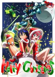  2girls amate_yuzuriha aqua_eyes bell belt black_hair breasts christmas conch_(gundam) dress fake_antlers fur-trimmed_dress fur_trim gift gloves gquuuuuux green_eyes gundam gundam_gquuuuuux haro hat highres holding holding_sack hood hood_down long_hair looking_at_viewer mecha merry_christmas mobile_suit multiple_girls non-humanoid_robot nyaan_(gundam_gquuuuuux) open_mouth red_hair red_hat robot sack santa_costume santa_dress santa_hat science_fiction short_hair sleeveless smile taiga_hiroyuki v-fin yellow_eyes 