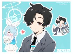  1boy 1girl absurdres anger_vein arona_(blue_archive) black_hair black_necktie black_suit blue_archive blue_archive_the_animation blue_eyes blue_hair blue_halo blue_shirt braid character_name chibi_insetwhite_ribbon closed_eyes closed_mouth collared_shirt commentary cowboy_shot crying curtained_hair doodle_sensei_(blue_archive) english_text gem grey_suit hair_over_one_eye hairband halo highres holding holding_gem lapels long_sleeves medium_hair meliach multicolored_hair name_tag necktie notched_lapels open_mouth pink_hair pyroxene_(blue_archive) sailor_collar schale_logo school_uniform sensei_(blue_archive) sensei_(blue_archive_the_animation) shirt short_hair simple_background single_braid skirt smile sobbing speech_bubble sticker suit white_hairband white_sailor_collar white_skirt 