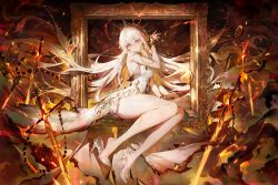  1girl absurdres agoto bare_legs bare_shoulders burn_scar burning burnt_clothes cinderella_(silver_palace) closed_mouth crossed_bangs crown dress empty_picture_frame fiery_hair fire glass_slipper hair_between_eyes high_heels highres long_hair looking_at_viewer picture_frame pink_eyes scar silver_palace sitting sleeveless sleeveless_dress solo sword very_long_hair weapon white_dress white_hair 