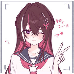  1girl alternate_costume azki_(hololive) black_hair blue_sailor_collar closed_mouth colored_inner_hair commentary_request hololive mole mole_under_eye multicolored_hair one_eye_closed pink_hair pink_streaks sailor_collar saka_x_x school_uniform shirt smile solo v violet_eyes virtual_youtuber white_shirt white_streaks 