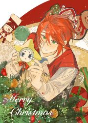  2boys absurdres blonde_hair blue_eyes blue_necktie blush christmas christmas_ornaments christmas_present christmas_tree collared_shirt gift gr green_eyes guy_cecil hair_between_eyes highres holding holding_star hug looking_at_another looking_at_viewer luke_fon_fabre male_focus merry_christmas mieu_(tales) mixed-language_commentary multiple_boys necktie red_hair red_sweater_vest shirt short_hair single_tear star_(symbol) sweater_vest tales_of_(series) tales_of_the_abyss upper_body white_shirt youshi1201 