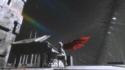  1girl absurdres commentary dress english_commentary from_side full_body grand_piano grey_theme highres instrument layered_dress lens_flare long_dress long_hair music on_bench original piano playing_instrument playing_piano red_wings science_fiction shiej007 sitting solo space space_station spot_color white_dress white_hair wings 