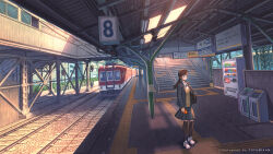  1girl artist_name bag black_bag black_skirt black_thighhighs brown_hair brown_sweater_vest cellphone commentary_request duffel_bag highres long_hair long_sleeves looking_at_viewer low_ponytail nagi_itsuki original outdoors phone ponytail railing scenery shoes sign skirt smartphone sneakers solo stairs standing sweater_vest thigh-highs train train_station translation_request trash_can vending_machine white_shoes 