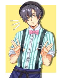 1boy absurdres black_hair black_hat border bow bowtie closed_mouth curtained_hair eiyuu_densetsu english_commentary hair_between_eyes hat highres joshua_bright male_focus parted_bangs pink_bow pink_bowtie shirt short_hair simple_background sleeves_rolled_up smile solo sora_no_kiseki striped_clothes striped_shirt suspender_pants traditional_bowtie two-tone_background upper_body vertical-striped_clothes vertical-striped_shirt waiter white_border yellow_background yellow_eyes yuzukiyo 