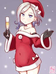  1girl alternate_costume artist_logo beret black_gloves blue_eyes blue_hair breasts champagne_flute collarbone covered_navel cup dated dress drinking_glass elbow_gloves fur-trimmed_dress fur_trim gloves gradient_background gradient_hair grey_background grey_hair hat jean_bart_(kancolle) kanon_(kurogane_knights) kantai_collection logo multicolored_hair one-hour_drawing_challenge pom_pom_(clothes) red_dress red_hat short_hair small_breasts snow solo strapless strapless_dress 