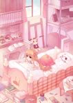  barefoot bed bedroom book bookshelf bunny computer cup dress hase_neet headphones highres long_hair lying oekaki_musume on_stomach orange_hair original pencil pink plaid plush room smile solo speaker striped stuffed_animal stuffed_toy teddy_bear wooden_pencil 