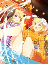  2girls :o android blonde_hair bow bowl character_mask doll_joints festival fish flat_chest floral_print floral_print_kimono floral_print_sleeves goldfish goldfish_scooping heterochromia hiroko_(senran_kagura) holding holding_bowl horns japanese_clothes joints kimono long_hair low_twintails mask mask_on_head mechanical_horns multiple_girls muramasa_(senran_kagura) obi obidome obijime official_art orange_bow orange_kimono plaid_bow poi_(goldfish_scoop) print_kimono purple_kimono red_eyes sandals sash senran_kagura senran_kagura_new_wave shiny_skin splashing summer_festival sunflower_print surprised teeth twintails two-tone_bow two-tone_kimono upper_teeth_only ushiwakamaru_(senran_kagura) very_long_hair violet_eyes water water_drop yellow_bow yellow_kimono yukata 