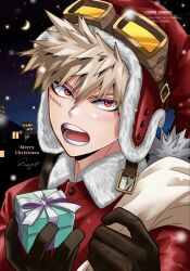  1boy bakugou_katsuki black_gloves blonde_hair boku_no_hero_academia christmas collared_shirt commentary_request crescent_moon esora-arts gift gloves goggles goggles_on_head hat highres holding holding_gift holding_sack male_focus merry_christmas moon night_sky open_mouth outdoors red_eyes red_hat red_shirt sack sanpaku santa_costume scar scar_on_cheek scar_on_face shirt short_hair solo spiky_hair teeth upper_body watermark wing_collar 