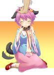  blush closed_eyes dog_ears dog_tail eyes hairband heart kemonomimi_mode komeiji_satori minamura_haruki open_clothes open_shirt petting purple_hair shirt short_hair solo tail tail_wagging touhou 