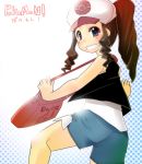  baseball_cap blue_eyes brown_hair dugtrio female handbag long_hair pokemon ponytail shorts smile touko_(pokemon) 
