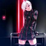  anthropomorphization black_legwear dress earrings hal_9000 head_tilt jewelry neon_trim personification red_eyes rezi science_fiction short_dress short_hair solo thigh-highs thighhighs white_hair zettai_ryouiki 