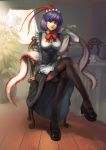  blue_hair blush bow crossed_legs dress enmaided frills hat klamp legs lips m874 maid nagae_iku purple_hair red_eyes ribbon shawl shoes short_hair sitting solo thigh-highs thighhighs touhou waitress wink 