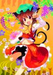  bowtie brown_hair cat cat_ears cat_tail chen cherry_blossoms earrings fang hat highres jewelry midriff multiple_tails navel nekomimi red_eyes skirt solo sw tail touhou 
