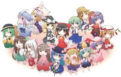  \o/ arms_up barefoot blush bow chibi covering_mouth demon_wings dress everyone flandre_scarlet food fruit fujiwara_no_mokou hair_bow hakurei_reimu hat hinanawi_tenshi houraisan_kaguya ibuki_suika kirisame_marisa kochiya_sanae komeiji_koishi leaf mini-hakkero moriya_suwako multiple_girls ojou-sama_pose outstretched_arms parasol peach reiuji_utsuho remilia_scarlet rod_of_remorse saigyouji_yuyuko shikieiki_yamaxanadu shushing shy sleeves_past_wrists smile stretch t-ray touhou umbrella wings wink witch_hat yakumo_yukari yasaka_kanako 