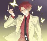  bad_id blue_eyes butterfly cross formal iccan male necktie pointing red_hair redhead solo suit umineko_no_naku_koro_ni ushiromiya_battler 