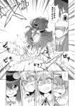  fang fighting flandre_scarlet food fruit hat highres hinanawi_tenshi izayoi_sakuya leaf mikagami_hiyori monochrome peach remilia_scarlet sword sword_of_hisou touhou translated translation_request weapon 