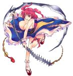  :p breasts cleavage extraction hair_bobbles hair_ornament highres huge_breasts onozuka_komachi panbai red_eyes red_hair scythe short_hair tongue touhou transparent_background 