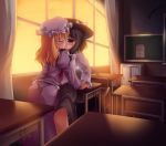  blonde_hair blue_eyes brown_eyes brown_hair chair closed_eyes desk hair_ribbon hat highres kiss long_hair lzh maribel_han maribel_hearn multiple_girls necktie ribbon short_hair skirt touhou usami_renko yuri 