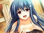  1girl blue_hair blush cleavage game_cg large_breasts long_hair lowres open_mouth red_eyes solo tomose_shunsaku 