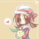  black_eyes bow brown_eyes brown_hair cabbie_hat chibi chikorita hat heart highres kanro kotone_(pokemon) long_sleeves nintendo open_mouth outline overalls pokemon pokemon_(game) pokemon_heartgold_and_soulsilver smile speech_bubble twintails 