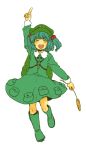  :d boots cattail cattail_(plant) closed_eyes hair_bobbles hair_ornament hat kawashiro_nitori key meeko open_mouth plant rubber_boots short_hair smile touhou twintails 
