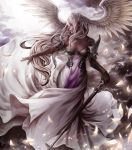  1girl angel_wings armor armored_dress breasts cleavage cloud dark_skin dress elbow_gloves feathers gloves head_wings long_hair lord_of_vermilion nabe nabe_(crow's_head) outstretched_arm outstretched_hand profile sword valkyrie valkyrie_(lord_of_vermilion) very_long_hair weapon white_hair wings 