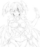  1girl arm_up bare_shoulders breasts cleavage elbow_gloves gloves head_wings highres large_breasts lilith_(shinrabanshou) lineart looking_at_viewer midriff monochrome navel panties pointy_ears shinrabanshou sho-1 short_hair side-tie_panties solo underwear wings 