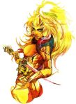  armband blonde_hair dark_skin female green_eyes hands_on_hips long_hair looking_back princess_lion saga saga_frontier sakizou solo sword wristband 