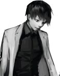  1boy closed_mouth collared_shirt commentary_request greyscale jacket jacket_on_shoulders looking_down male_focus mole mole_under_eye monochrome shiny shiny_hair shiromi_(ringo) shirt short_hair solo tokyo_ghoul tokyo_ghoul:re upper_body urie_kuki 