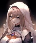  1girl absurdres aponia_(honkai_impact) artist_name blue_eyes brown_hair chinese_commentary commentary_request eyebrows_visible_through_hair guzangnanfeng habit hair_between_eyes highres honkai_(series) honkai_impact_3rd long_hair nun parted_lips robe solo white_veil 