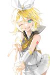  1girl ;d aqua_eyes bare_shoulders blonde_hair blush bow buttons cowboy_shot detached_sleeves double-breasted double_v english_commentary eyebrows_visible_through_hair eyelashes fangs grey_sailor_collar grey_sleeves hair_bow hair_ornament hairclip highres kagamine_rin kagamine_rin_(vocaloid4) leg_warmers mona0101 neckerchief number_tattoo one_eye_closed open_mouth pleated_shorts sailor_collar shirt shorts shoulder_tattoo simple_background sleeveless sleeveless_shirt smile solo tattoo v v4x vocaloid white_background yellow_nails yellow_neckerchief 