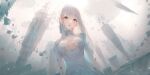  1girl arms_at_sides artist_request aurora_(grimlight) bangs breasts clothing_cutout dress eyebrows_visible_through_hair grey_eyes grimlight head_tilt highres long_hair looking_at_viewer medium_breasts official_art open_mouth shrug_(clothing) solo upper_body white_dress white_hair 