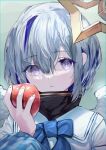  1girl absurdres amane_kanata apple bangs blue_bow blue_bowtie blue_hair bow bowtie closed_mouth eyebrows_visible_through_hair food fruit grey_hair hair_between_eyes halo hand_up highres holding holding_food holding_fruit hololive long_sleeves looking_at_viewer multicolored_hair roitz_(_roitz_) short_hair simple_background solo star_halo turtleneck two-tone_hair virtual_youtuber 