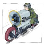  closed_mouth driving fusion gatling_santouhei gloves goggles goggles_on_headwear green_eyes green_jacket green_pants grey_gloves ground_vehicle highres jacket motor_vehicle motorcycle original pants pilot_helmet propeller simple_background white_background 