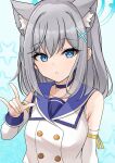  1girl :o animal_ear_fluff animal_ears bangs bare_shoulders blue_archive blue_background blue_choker blue_eyes blue_sailor_collar breasts choker collarbone commentary_request detached_sleeves fox_shadow_puppet grey_hair hair_between_eyes halo hand_up highres long_hair long_sleeves looking_at_viewer mitsumine_raimu parted_lips sailor_collar shiroko_(blue_archive) shirt sleeveless sleeveless_shirt small_breasts solo starry_background upper_body white_shirt white_sleeves 