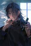  1boy absurdres bangs black_eyes black_hair black_sweater cigarette commentary_request getou_suguru half-closed_eyes highres holding holding_cigarette jujutsu_kaisen long_hair long_sleeves male_focus mouth_hold parted_bangs piercing plug_(piercing) sally_chang smoke smoking solo sweater turtleneck turtleneck_sweater upper_body window 