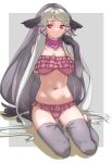  1girl absurdres animal_ears bare_shoulders bikini breasts collarbone commentary elbow_gloves eyebrows_visible_through_hair frilled_bikini frills full_body gloves grey_gloves grey_hair grey_legwear hair_ribbon highres kemono_friends large_breasts long_hair looking_at_viewer navel pink_bikini pink_ribbon red_eyes ribbon simple_background sitting solo stirrup_legwear stomach swimsuit tanabe_(fueisei) thigh-highs toeless_legwear very_long_hair walrus_(kemono_friends) white_hair 