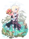  1girl barefoot blonde_hair blue_eyes bouquet dress dutch_clothes earrings flower hair_over_one_eye hat holding holding_bouquet hoshikuzu_pan jewelry leaf lily_pad mario_kart_tour moss plant pond rosalina solo star_(symbol) star_earrings super_mario_bros. traditional_clothes tulip wading water 