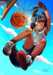  1girl ;p animal_ears armpits artist_name ball basketball basketball_hoop black_hair blue_hair blue_shorts blue_sky bob_cut body_fur brand_new_animal clouds commentary dark-skinned_female dark_skin dated fangs furry furry_female jumping kagemori_michiru lens_flare multicolored_hair one_eye_closed open_mouth outdoors raccoon_ears raccoon_girl raccoon_tail red_eyes shoes short_hair shorts sky smile sneakers solo stalkingp sun sweat tail tank_top teeth tongue tongue_out two-tone_hair upper_teeth white_tank_top 